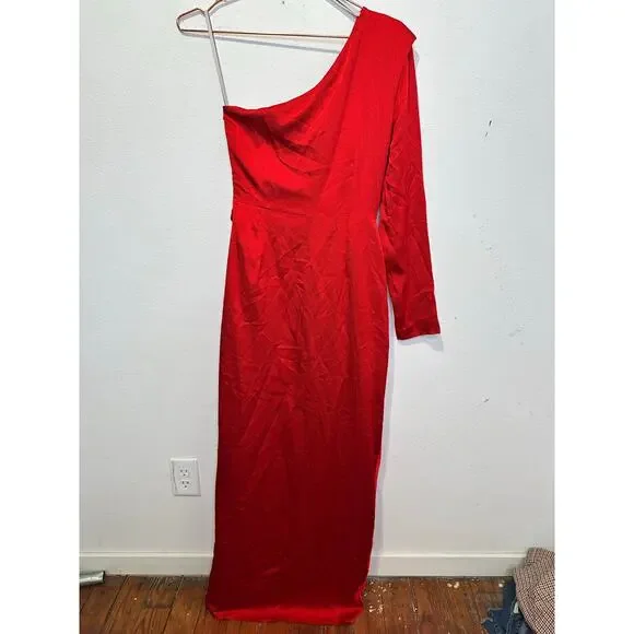 ML MONIQUE LHUILLIER Red Drapey One Shoulder Thigh Grazing Slit Gown size 4